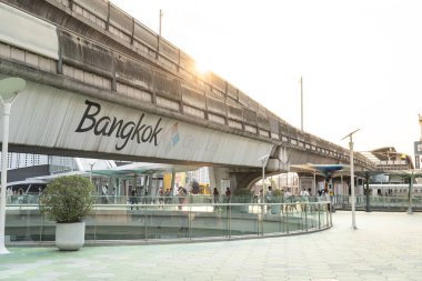 Sky walk at Siam Discovery and MBK with Bangkok City of life logo. Siam Discovery and MBK is a famous shopping mall at Bangkok.