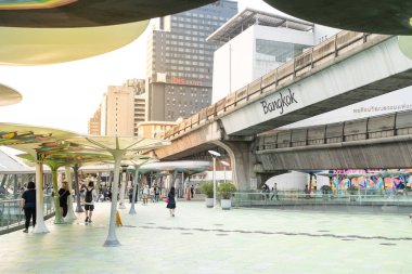 Sky walk at Siam Discovery and MBK with Bangkok City of life logo. Siam Discovery and MBK is a famous shopping mall at Bangkok.