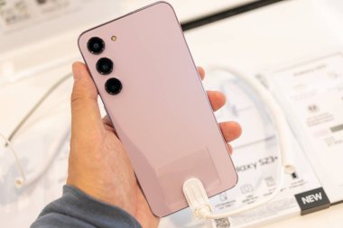 Samsung launch The New Galaxy Samsung Galaxy S23+ new models, demo display launch at store. Modern mobile phone technology concept