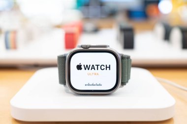Bangkok Thailand - Feb 23 2023: new Apple Watch Ultra. new features with fitness tracking, health-oriented capabilities, and wireless telecommunication.