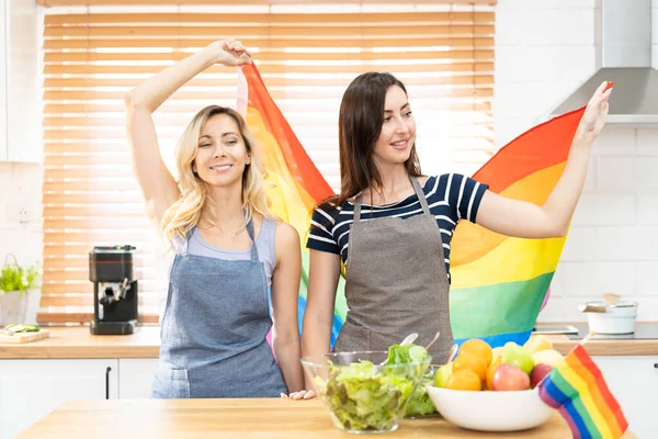 Happy Caucasian Lgbt Couple Lesbian Holding Waving Rainbow Lgbt Pride — Stock Photo, Image