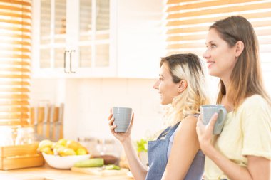 Mutfakta kahve tutan mutlu lezbiyen çift. Lezbiyen kızlar evde bir şeyler içerken kahvelerini yudumlarlar. İki genç yetişkin güzel kadın modern mutfakta çay içerler..