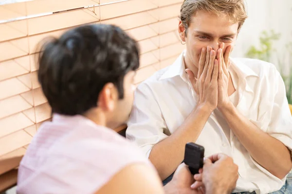 Gay Marriage Proposal Concept Surprised Partner Extremely Happy Hugs His — Stock Photo, Image