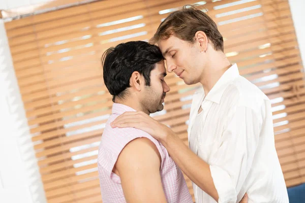 Gay Couple Hugging Each Other Standing Home — Stock Photo, Image