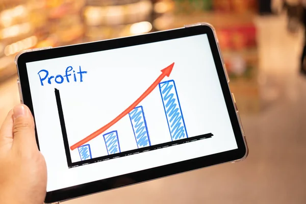 Using Tablet See Business Growth Predication Graph Blur Background Department — Stock Photo, Image