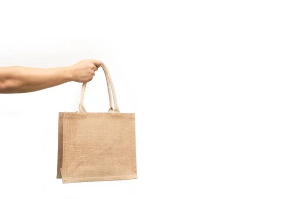 Mann Mit Jutebeutel Oder Sacksack Auf Weißem Hintergrund Mehrweg Einkaufstasche — Stockfoto