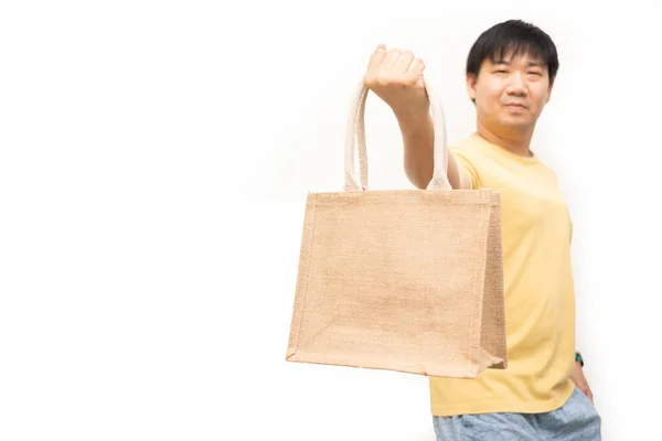 Man Holding Jute Bag Sack Bag White Background Reusable Shopping — Stock Photo, Image