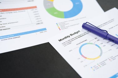 Bütçe planlama konsepti. İş Planlama Stratejisi Analizi yeni plan finansal grafik verilerini tartışıyor. Belge grafikleri ve hesap makinesi kavramı ile çalış.