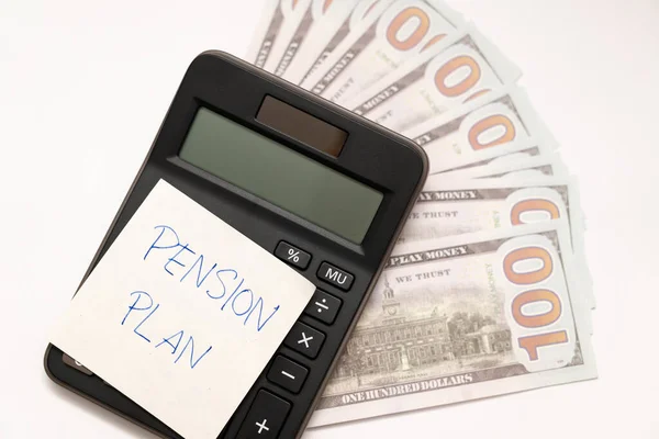 Paper Note Phrase Pension Plan Dollar Banknotes Calculator Retirement Concept — Stock Photo, Image