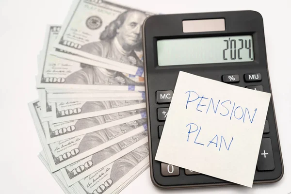 Paper Note Phrase Pension Plan Dollar Banknotes Calculator Retirement Concept — Stock Photo, Image