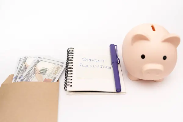 Geldhaushaltsplanung Sparschwein Mit Taschenrechner Und Notizbüchern Auf Weißem Hintergrund Finanzielles — Stockfoto