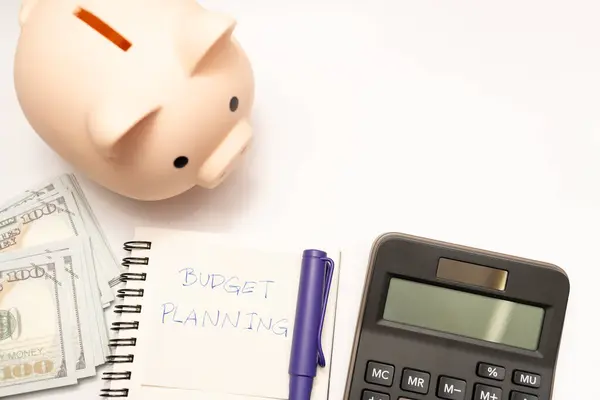 Money Budget Planning Piggy Bank Calculator Notebooks White Background Financial — Stock Photo, Image