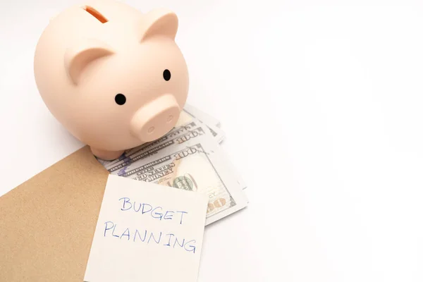 Planejamento Orçamento Piggy Bank Com Calculadora Notebooks Sobre Fundo Branco — Fotografia de Stock