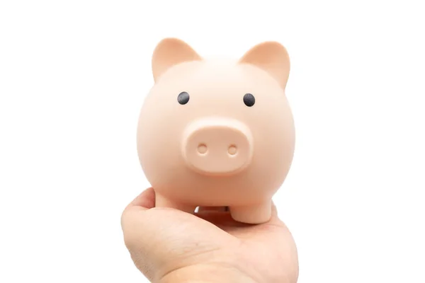 Piggy Bank Dlani Ruky Izolovaným Pozadím Finanční Koncepce — Stock fotografie