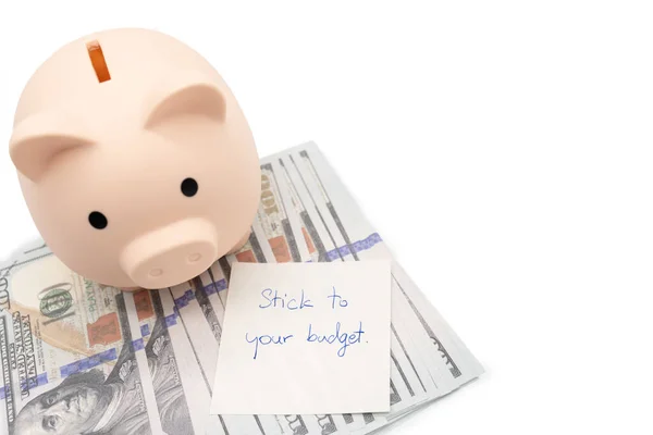 Text Written Note Stick Your Budget Piggy Bank Dollars Concept — Stock Photo, Image