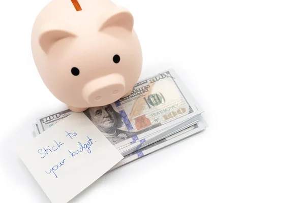Text Schriftliche Notiz Stick Your Haushalt Und Sparschwein Auf Dollar — Stockfoto