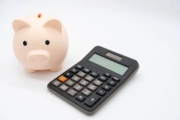Hucha Con Calculadora Sobre Fondo Aislado Ahorro Dinero Gestión Financiera — Foto de Stock