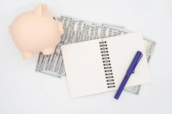 Money budget planning. Piggy bank with notebooks on white background, financial goal concept.