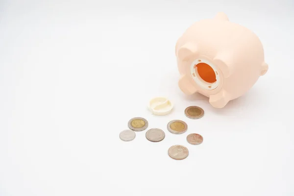 Sparschwein Mit Geld Auf Isoliertem Hintergrund Öffnen Geld Aus Dem — Stockfoto