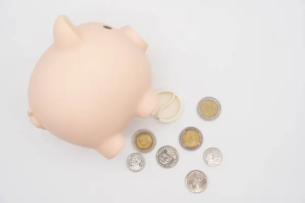 Sparschwein Mit Geld Auf Isoliertem Hintergrund Öffnen Geld Aus Dem — Stockfoto