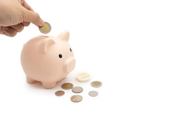 Konzept Hand Legt Geldmünze Sparschwein Spargeld Für Zukunftsplan Und Altersvorsorge — Stockfoto