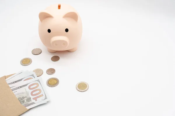 Sparschwein Mit Geld Umschlag Finanzen Und Haushaltskonzept Geld Sparen Kopierraum — Stockfoto