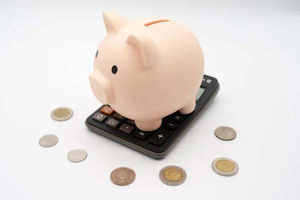 Piggy Bank Kalkulačka Mince Pro Úsporu Peněz Obchodní Finanční Koncepce — Stock fotografie