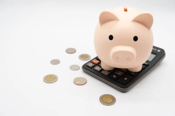 Piggy Bank Kalkulačka Mince Pro Úsporu Peněz Obchodní Finanční Koncepce — Stock fotografie