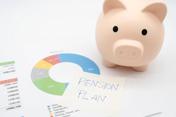 年金計画の概念について ペーパーノートペンションプラン付きのピギーバンク 将来のマネー管理のためのピギーバンクとグラフ — ストック写真