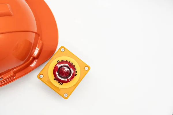 Πορτοκαλί Καπέλο Ασφαλείας Κουμπί Έκτακτης Ανάγκης Απομονωμένο Λευκό Φόντο Πρώτη — Φωτογραφία Αρχείου