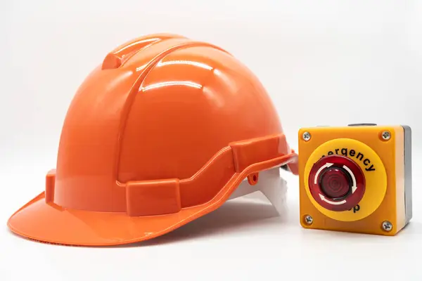 Оранжевая Шляпа Безопасности Аварийной Кнопкой Остановки Изолированы Белом Фоне Безопасность — стоковое фото