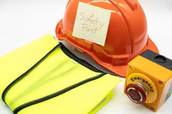 Safety First Message Paper Safety Gear Reflective Vest Safety Hat — Stock Photo, Image