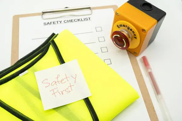 Safety First Message Paper Reflective Vest Safety Hat Helmet Emergency — Stock Photo, Image