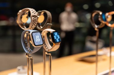 Bangkok Thailand DEC 22 2023: the Apple Watch 9. A hero object display features Apple Watches Series 9. clipart