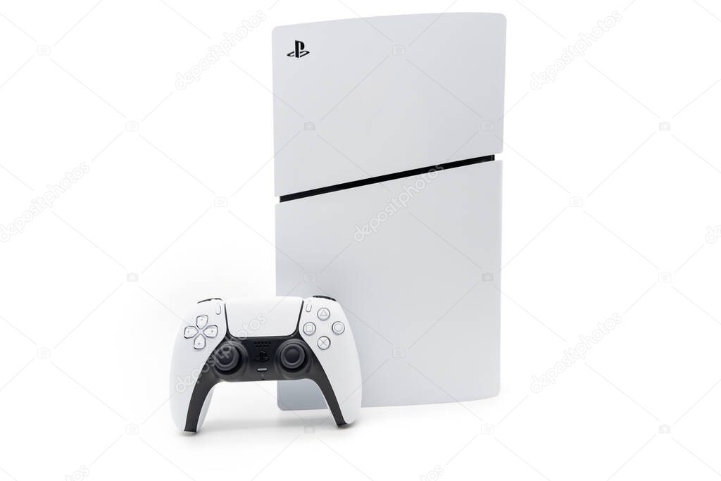 New Playstation 5 slim models and controller in isolated background.