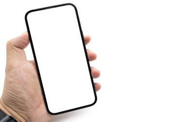Hand holding blank screen smartphone for copy space isolated on white background. Male hands showing empty white screen of modern smart phone. Clipping path