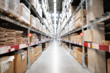 Soyut Bulanık Depo Lojistiği. Ürün ve ürünlerle dolu bulanık bir sanayi deposu. Lojistik, iş, dağıtım, hizmet kavramı. Odaklanamayan endüstriyel depo içi.