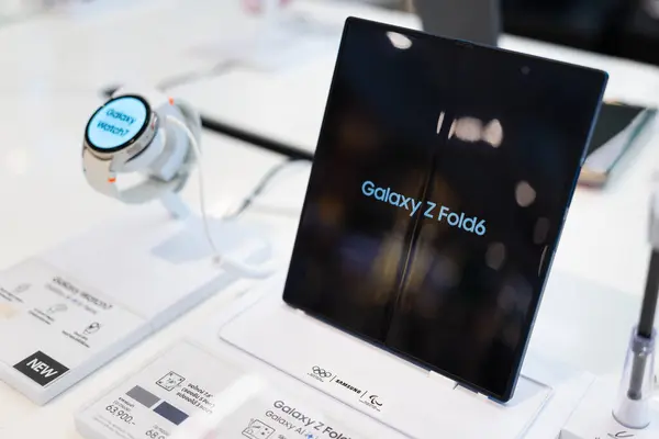 stock image Bangkok Thailand JULY 12 2024: Samsung launch The New Samsung Galaxy Z Fold6, demo display launch at store. Modern mobile phone technology concept with AI.