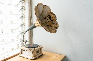 Tahta bir masanın üzerinde duran eski bir gramofon. Gramofonun büyük, paslı bir boynuzu ve beyaz bir boynuzu vardır. Geçmiş zaman eğlencesi.