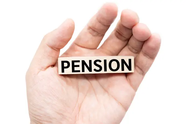 stock image Text PENSION wooden block on hand with Clipping path isolate on white background. Financial and business concept. retirement saving concept.