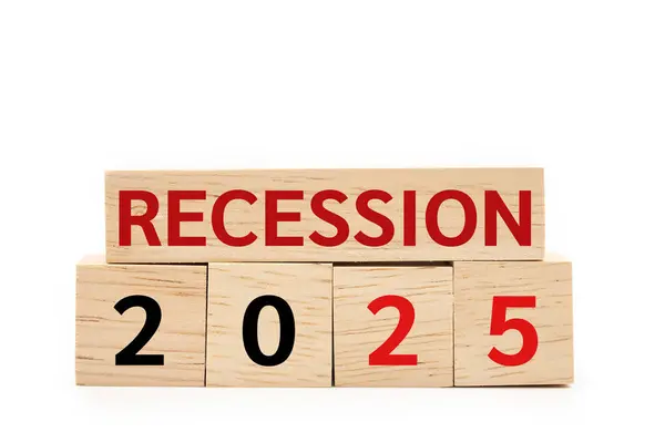 stock image RECESSION 2025 text on wooden blocks. Copy space and clipping path. Global economic crisis. Recession business and stock crisis concept.