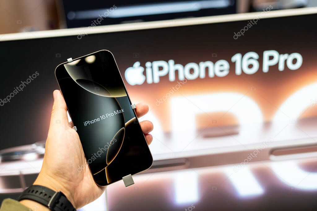 Bangkok Thailand SEP 20 2024: Apple launch new smartphone iPhone 16 Pro max displayed in a Store.