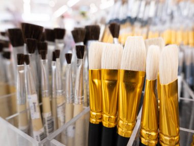 Dükkandaki yakın çekim sanat fırçaları. Akrilik için fırçalar ve kıllardan yağlı boya. Yaratıcılık ve hobi için malzemeler.