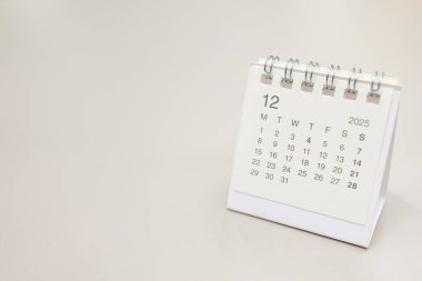 2025 Aralık arkaplanı için basit masa takvimi. Takvim konsepti kopyalama alanı. 2025 DEC takvimi. aylık takvim.