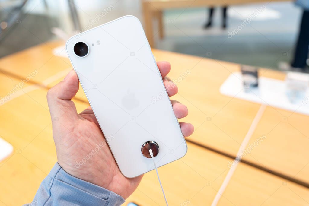 Bangkok Thailand FEB 28 2025: Apple launch new smartphone iPhone 16e. iPhone 16e in an Apple Store Central World.