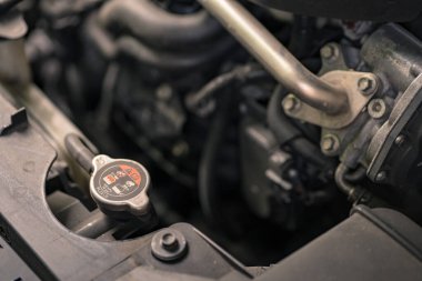 Araçların soğutucu deposunun kapağını ve motor parçalarını kapatın. Araba motoru radyatör kapağı.