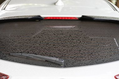Arka pencere hatchback kirli araba arka penceresi tozlu bir cam üzerinde. Beyaz veya gri bir arabanın kirli ve tozlu arka penceresi.