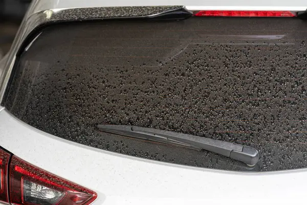 Arka pencere hatchback kirli araba arka penceresi tozlu bir cam üzerinde. Beyaz veya gri bir arabanın kirli ve tozlu arka penceresi.