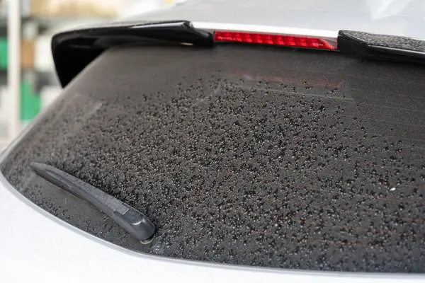Arka pencere hatchback kirli araba arka penceresi tozlu bir cam üzerinde. Beyaz veya gri bir arabanın kirli ve tozlu arka penceresi.