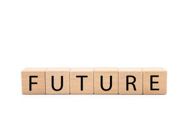 FUTURE metin içeren tahta bloklar kopyalama alanı ve kırpma yolu ile beyaz arkaplan izole. Akıllı Teknoloji ve Yenilik Konsepti